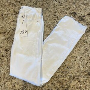 Zara Slim Flare Split Hem White Distressed Jeans